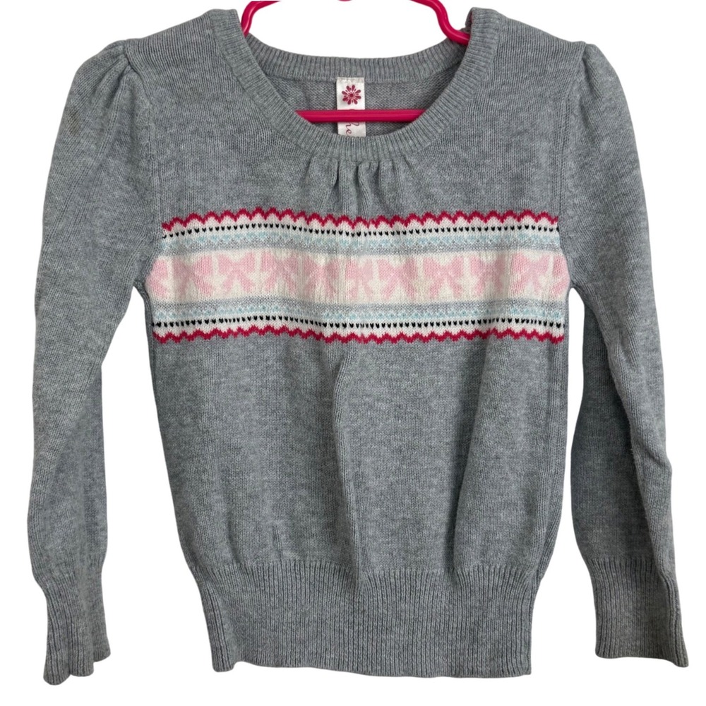 Girls Gray Cotton Sweater Fair Isle Bow Stripe‎ Winter Holiday Classic Knit Top